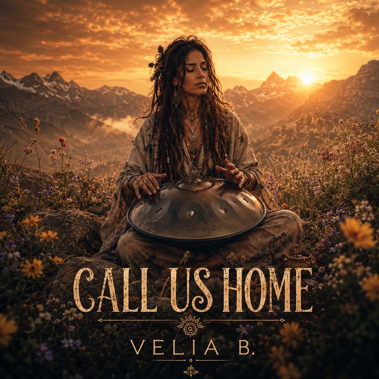 Call Us Home Cover von Velia B. mit Handpan und Berglandschaft