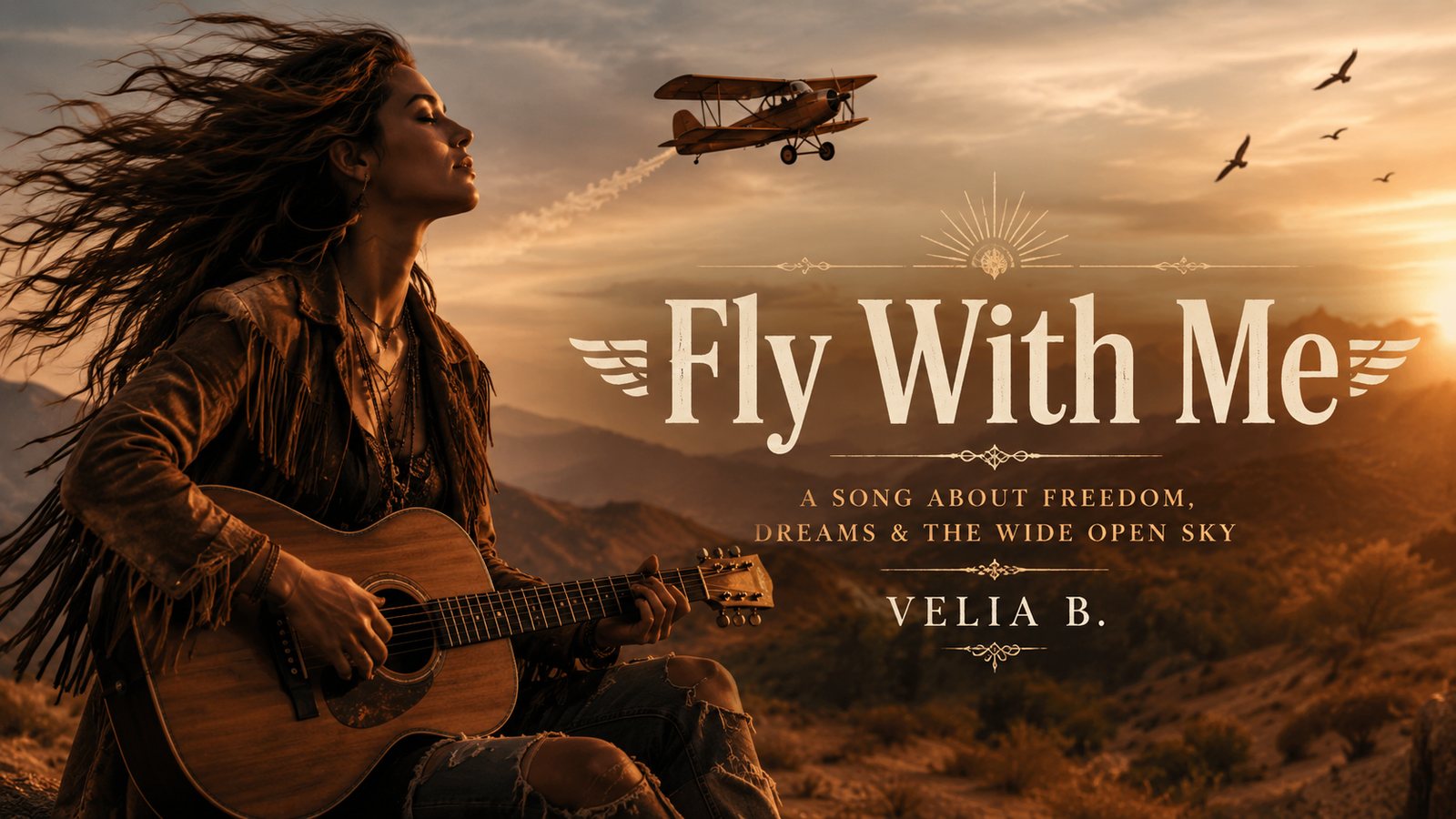 Fly With Me Thumbnail mit Flugzeug und goldener Landschaft